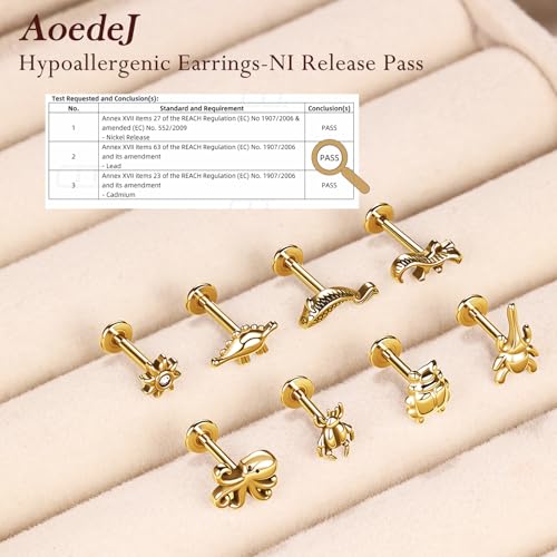 AOEDEJ 16G Internally Threaded Labret Surgical Steel 8PCS Animal Flat Back Hypoallergenic Cartilage Helix Tragus Conch Helix Studs Earrings for Women Men - color: Gold, size: 1.2*8mm