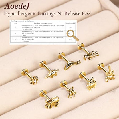 AOEDEJ 16G Internally Threaded Labret Surgical Steel 8PCS Animal Flat Back Hypoallergenic Cartilage Helix Tragus Conch Helix Studs Earrings for Women Men - color: Gold, size: 1.2*8mm