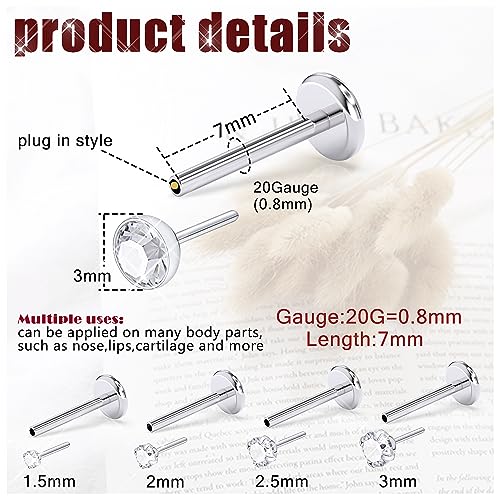 Prjndjw 18G 20G 16G Push in Threadless Nose Rings Stud Earrings Hypoallergenic Flat Back Surgical Stainless Steel Cubic Zircon Helix/Cartilage/Tragus/Lobe Earrings Lip Labret Snake Bite Jewelry - color: 20G Straight Threadless Push In Nose Rings
