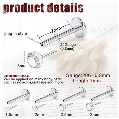 Prjndjw 18G 20G 16G Push in Threadless Nose Rings Stud Earrings Hypoallergenic Flat Back Surgical Stainless Steel Cubic Zircon Helix/Cartilage/Tragus/Lobe Earrings Lip Labret Snake Bite Jewelry - color: 20G Straight Threadless Push In Nose Rings