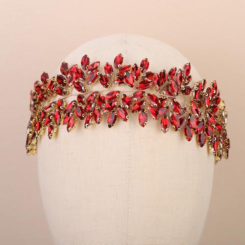Missgrace Women Silver Green Black Red Blue Handmade Full Crystal Rhinestone Large Headband Hair Vine Shinny Headpiece Bridal Wedding Hair Accessories for Women (Red) - color: Red