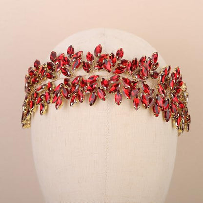Missgrace Women Silver Green Black Red Blue Handmade Full Crystal Rhinestone Large Headband Hair Vine Shinny Headpiece Bridal Wedding Hair Accessories for Women (Red) - color: Red