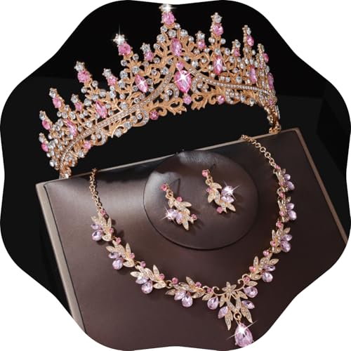 Kamirola Tiaras and Crowns for Women,Tiaras Earrings Necklace, Crystal Bridal Jewelry Set, Costume Jewelry for Women Party Halloween Prom Pageant - color: GOLD PINK
