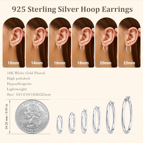 JIAYIQI Sterling Silver Hoop Earrings 18K White Gold Plated Silver Circle Endless Earrings Hoops Jewelry Lightweight Hoop Earring for Women Diameter 10,14,16,18,20,25,30,35,40,50,60mm - style: Silver-10mm