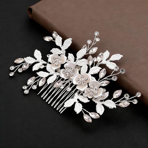 Flower Leaf Design Wedding Hair Comb, Metal Bridal Hair Accessory with Rhinestone, Wedding Prom Hair Clip Headpiece for Women (Silver Flower Leaf) - color: Silver Flower Leaf