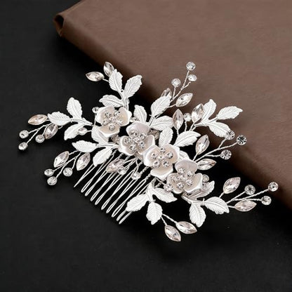 Flower Leaf Design Wedding Hair Comb, Metal Bridal Hair Accessory with Rhinestone, Wedding Prom Hair Clip Headpiece for Women (Silver Flower Leaf) - color: Silver Flower Leaf