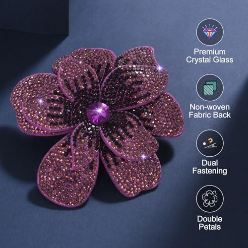 3.74 Inches Rhinestone Camellia Flower Brooch Pins & Hair Clips for Women Elegant Created Crystal Lapel Pin Brooches Wedding Party - color: Purple