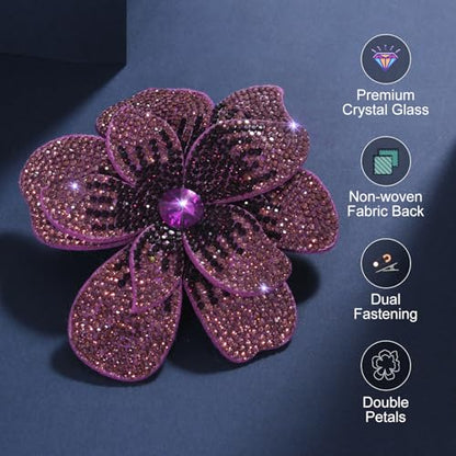 3.74 Inches Rhinestone Camellia Flower Brooch Pins & Hair Clips for Women Elegant Created Crystal Lapel Pin Brooches Wedding Party - color: Purple