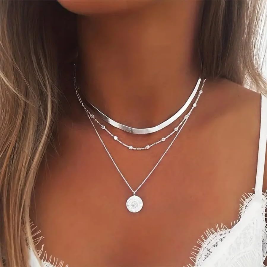 Necklaces 14K Silver Plated Three-Layer Set Shiny Ball Small Chain Circle Pendant Opulent Jewelry Lobster Clasp Adjustable Extende - style: 14K Silver 3-Layered+Bead Chain+Snake Chain