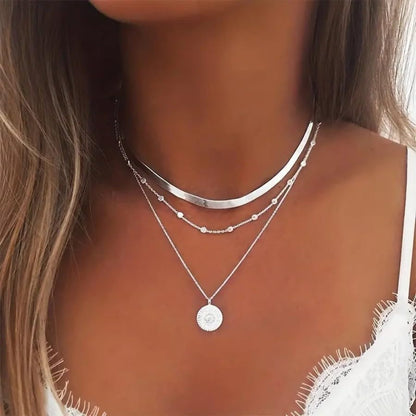 Necklaces 14K Silver Plated Three-Layer Set Shiny Ball Small Chain Circle Pendant Opulent Jewelry Lobster Clasp Adjustable Extende - style: 14K Silver 3-Layered+Bead Chain+Snake Chain