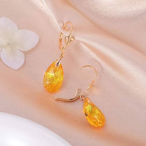 Austrian Crystal Teardrop Leverback Dangle Earrings for Women Fashion 14K Gold Plated Hypoallergenic Jewelry - color: Yellow