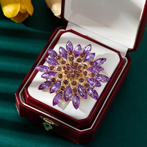Rhinestone Flower Brooch Pin for Women Fashion Sparkling Crystal Sunflower Floral Brooch Floral Lapel Pins Fashion Wedding Jewelry Gifts - color: Purple