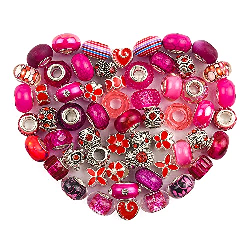 Aipridy European Large Hole Beads, Colorful Glass Charm Beads Set, Assorted Patterns and Designs Rhinestone Craft Beads for DIY Bracelet Jewelry Making (60, Rose-Bengal Resin+Alloy) - color: Rose-Bengal Resin+Alloy