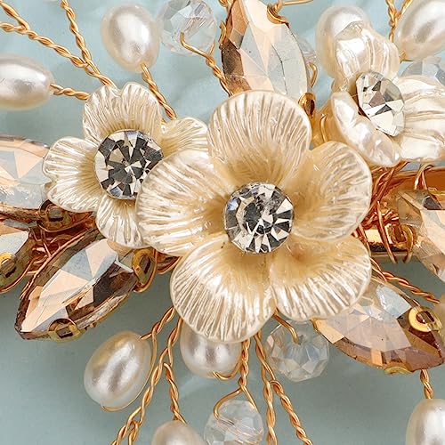 Xerling Champagne Rhinestones Crystal Flower Hair Barrettes Clip Boho Bridal Pearl Hair Jewelry Accessories for Women Wedding Floral Headpieces (Champagne) - color: Champagne