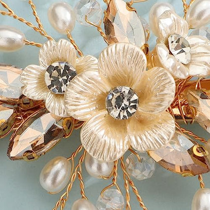 Xerling Champagne Rhinestones Crystal Flower Hair Barrettes Clip Boho Bridal Pearl Hair Jewelry Accessories for Women Wedding Floral Headpieces (Champagne) - color: Champagne