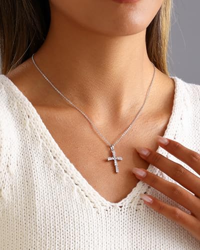 Cross Necklace for Women, 14K Gold Plated Cubic Zirconia Cross Pendant Necklace, Trendy Christian Jewelry Gifts for Baptism First Communion Christmas - color: Style A - Silver