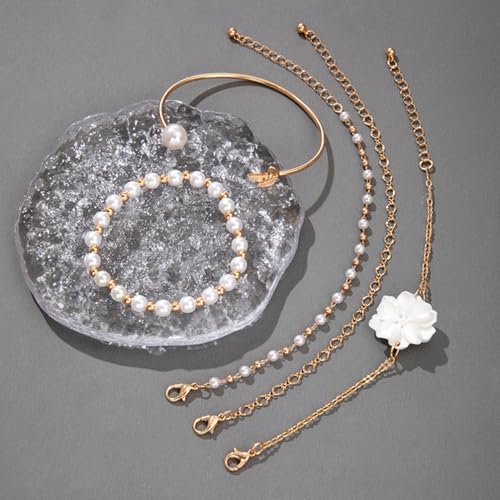 5Pcs Boho White Flower Beaded Pearl Bracelets for Women Trendy, Cute Gold Silver Stackable Floral Petal Pearls Beads Chain Bracelet Holiday Jewelry Gifts - color: Gold