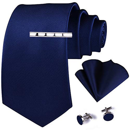 GUSLESON New 3.15"（8cm） Solid Color Necktie and Pocket Square Cufflinks Clip Set - color: Navy Blue