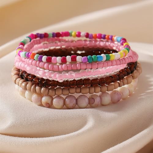 Boho Colorful Stackable Crystal Glass Beads Stretch Bracelets Multilayered Bracelets for Women Bohemian Jewelry - color: Pink 6pcs A