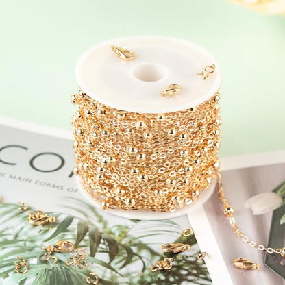 KYUNHOO 32.8 Feet Beaded Jewelry Chain Roll Light Gold Plated Cable Chain Links Soldered Iron Chain on Spool Necklace Making Supplies Thin Chain for Women DIY Craft Jewelry Finding - color: Bead Gold