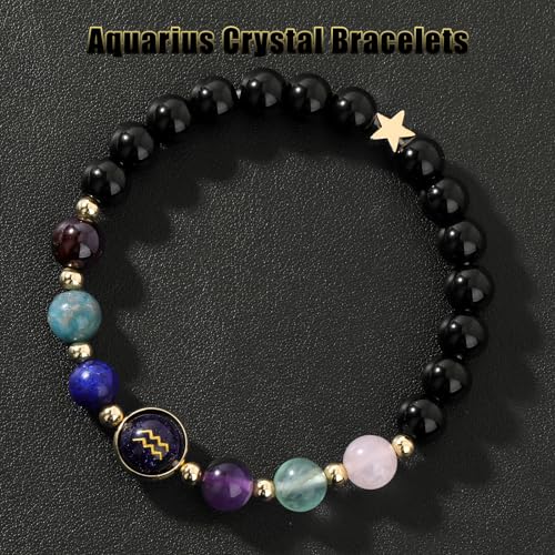 Zodiac Bracelets for Women 12 Constellations Healing Crystal Stone Beads Bracelet Birthday Zodiac Gifts Horoscope Spiritual Bracelet - color: Aquarius