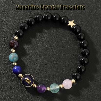 Zodiac Bracelets for Women 12 Constellations Healing Crystal Stone Beads Bracelet Birthday Zodiac Gifts Horoscope Spiritual Bracelet - color: Aquarius