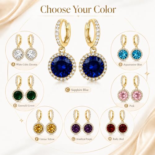 14K Gold Plated Hoop Dangle Earrings for Women, Hypoallergenic Colorful Cubic Zirconia Drop Earrings, Lightweight Huggie Earrings for Women - color: Gold/Sapphire Blue
