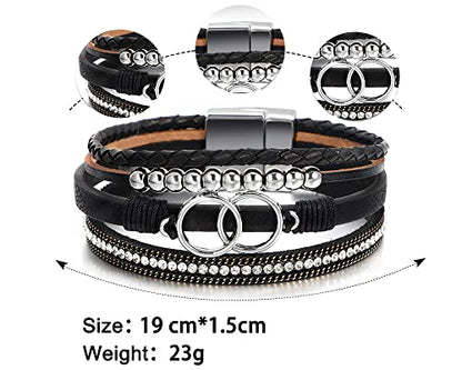 Fesciory Leather Wrap Bracelet for Women, Boho Western Layered Cuff Jewelry | Stackable Bracelets, Easy-On Clasp, Daily Wear, Pairs with Boho Western Outfits, Gift for Women - color: Black11