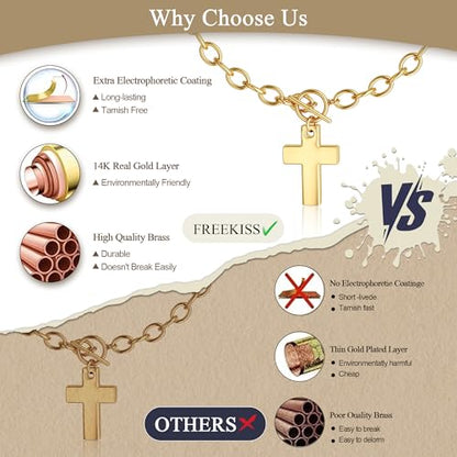 Freekiss 3-Piece Layered Toggle Necklace for Women | Gold/Silver necklace set with herringbone, rope, and paperclip chains plus a toggle clasp for layering, parties, and gifts - color: Gold Cross Necklace Style2