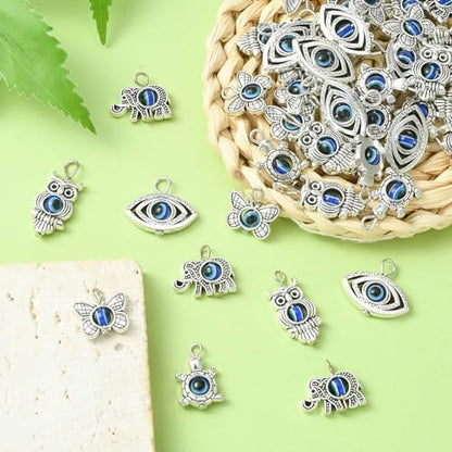 LiQunSweet 100 Pcs Mixed Shapes Turtle Elephant Butterfly Owl Animal Evil Eye Charms for Jewelry Making Bracelet Earrings Necklace DIY Craft - color: Animal Evil Eye Charms_100 Pcs