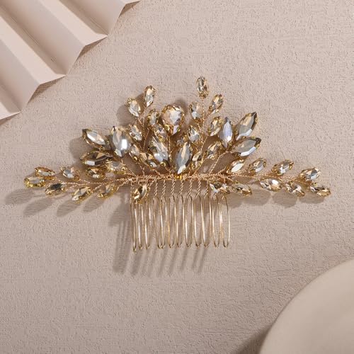 Teyglen Champagne Teardrop Crystal Hair Comb Bride Rhinestone Wedding Hair Comb Bridal Hair Piece Hair Accessories for Women Wedding Headpiece(Champagne) - color: Champagne