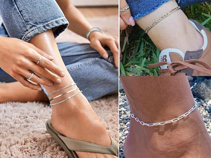 6 PCS Gold Ankle Bracelets for Women, 14k Plated Gold Layered Anklet Set Waterproof Herringbone Paperclip Beaded Figaro Cuban Link Chain Beach Stackable Anklet Bracelet Jewelry Gift for Women - style: 6Pcs-A0137 Ankelt Set-SL