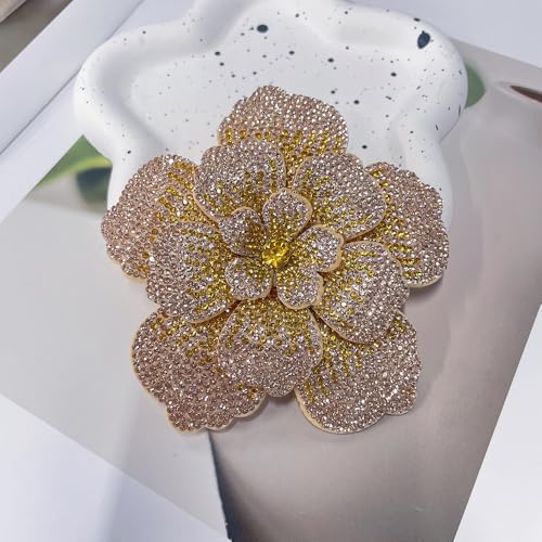 Rhinestone Flower Brooch Pin for Women Men Elegant Sparkly Crystal Camellia Floral Lapel Pins Shawl Dress Suit Clothes Accessories Wedding Party Fashion Jewelry 105mm - color: Champagne
