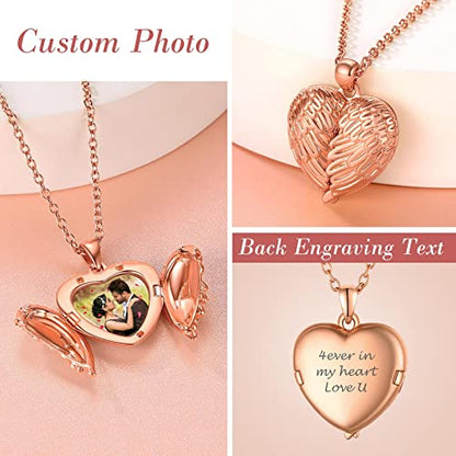 FindChic Locket Necklace for Women Custom Photo Memorial Gifts 4 Colors | Silver/Black/Rose Gold/Gold Plated Personalized for Loved Ones, Birthday Valentine's Day Keepsake - style: 02. Angel Wing 2-Rose Gold