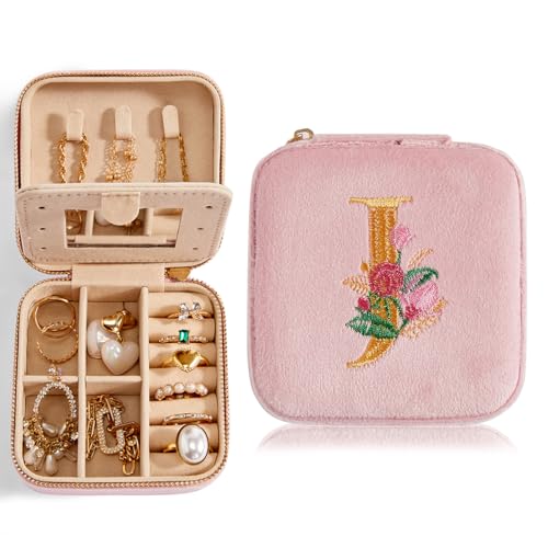 Smileshe Personalized Gifts for Mom Mothers Day, Birthday, Graduation Gift for Girls Fashion, Travel for Teen Girls Trendy Stuff, Velvet Jewelry Box with Flower, Letter J, Pink - color: PlushVelvet Pink-J