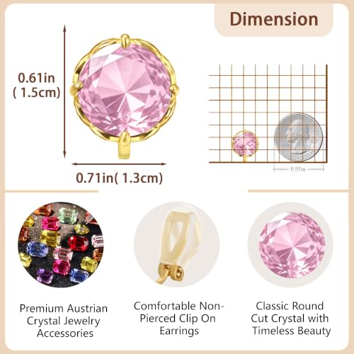 Round Austrian Crystal Clip On Earrings for Women Non Pierced Earrings, Hypoallergenic Clip-on Earrings Jewelry Gift for Sensitive Ears - color: Pink