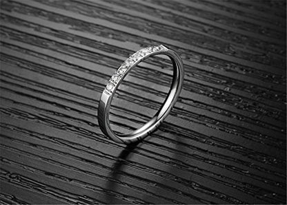 Fashion Month Women 2mm Titanium Stainless Steel Cubic Zirconia CZ Inlay White Gold Ring Wedding Engagement Silver Band