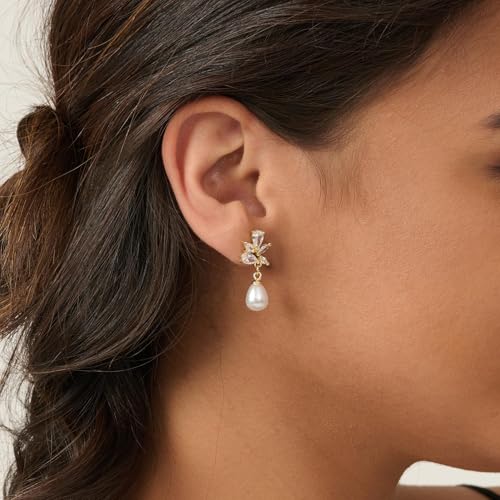Pearl Earrings - 14K Gold/White Gold/Rose Gold Plated Cubic Zirconia CZ Diaomond Accented Pearl Drop Dangle Earrings for Women Wedding Bridal Prom - color: Leaf drop