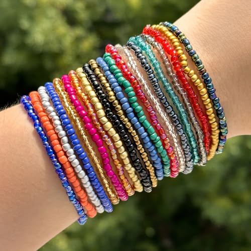 16-30Pcs Handmade Bohemian Colorful Crystal Seed Beads Stackable Adjustable Elastic Stretch Multilayerd Bracelets for Women Summer Vacation Beach Boho Bangle Jewelry - color: mix 2