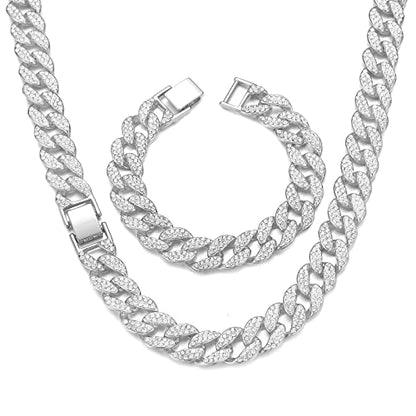 Saintda Iced Out Cuban Link Chain Necklace Bracelet Set for Men | 14mm Cuban Link Necklace Bracelet Jewelry Set Diamond Iced Out Mens Bling Thick Necklaces Chains - color: Silver-W:15MM-THK:3MM, size: 20inch