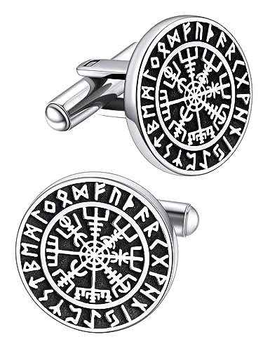 FaithHeart Mens Cufflinks, Norse Viking Tuxedo Shirt Cuff Links, Stainless Steel Cuff Links and Shirt Studs, Gift Box - style: 01. Compass-Silver