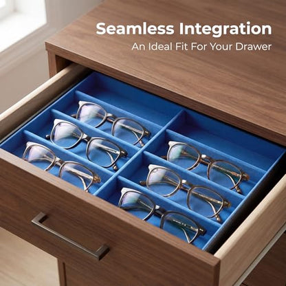 Stratalife 8 Grids Drawer Sunglasses Organizer Tray, Blue PU Velvet | Stackable Eyeglasses Storage Case with Removable Dividers, Jewelry Display Case for Necklace Bracelet, 13.78x9.5x1.2inch - color: Blue
