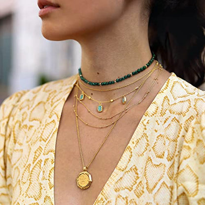 PEARLADA Turquoise Beaded Choker Necklace Chakra Stone Necklace Adjustable - color: Malachite Beads 4mm