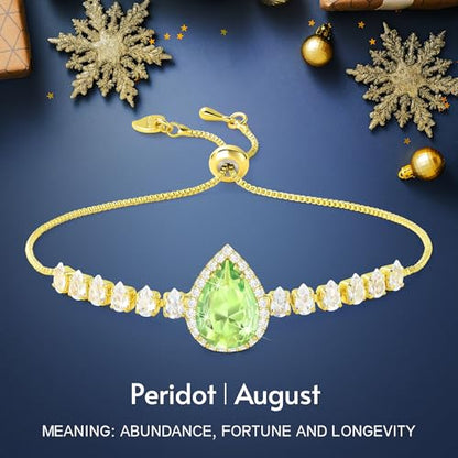 Linawe Crystal Imitation Diamond Rhinestone Charm Bracelets for Women, Gold/Silver/Rose Gold Adjustable Chain Bracelet, Teardrop Birthstone Cubic Zirconia Prom Costume Wedding Jewelry - color: Gold,August