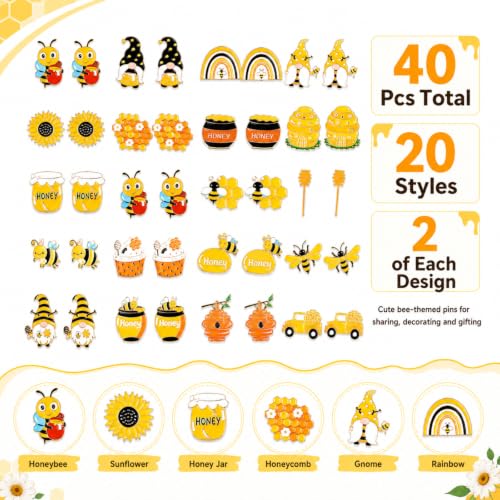 Giegxin 40 Pcs Bee Enamel Pins Bulk, 20 Styles 2 of Each, Cute Lapel Pin Set with Sunflower Gnome Honeycomb Designs for Backpacks Jackets Hats Bags, Party Favors Gifts for Women and Girls - style: Bee
