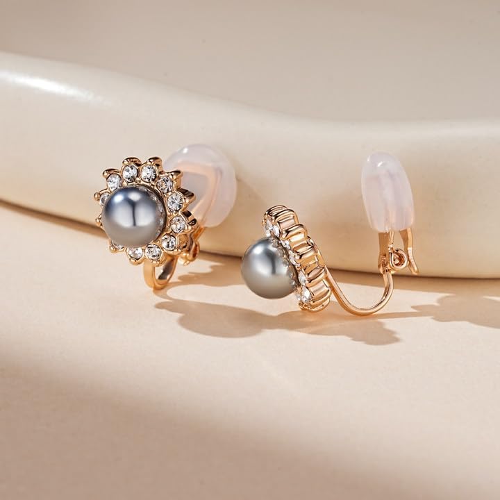 Pearl Clip On Earrings for Women, Austrian Crystal Halo | 14K Gold-Plated Finish, Comfortable Clip-On Fit, Non-Pierced Earrings, Soft Silicone Pads Included, Gift Box Included - color: Black Pearl /Gold-Tone