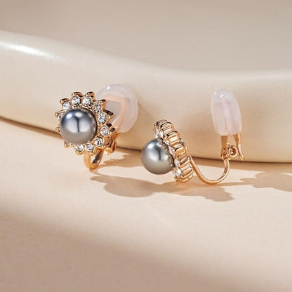 Pearl Clip On Earrings for Women, Austrian Crystal Halo | 14K Gold-Plated Finish, Comfortable Clip-On Fit, Non-Pierced Earrings, Soft Silicone Pads Included, Gift Box Included - color: Black Pearl /Gold-Tone
