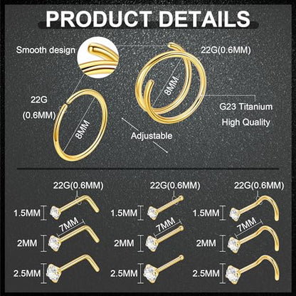 22G 18Pcs G23 Titanium Nose Rings Hoops for Sensitive Skin Double Nose Rings L Shaped Nose Studs Hypoallergenic Nose Piercings Jewelry - color: Gold