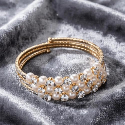 Gold Crystal Faux Pearl Beaded Bracelet for Women,Sparkling Rhinestone Layered Statement Cuff Bracelet Wedding Bridal Jewelry Accessories - color: Golden