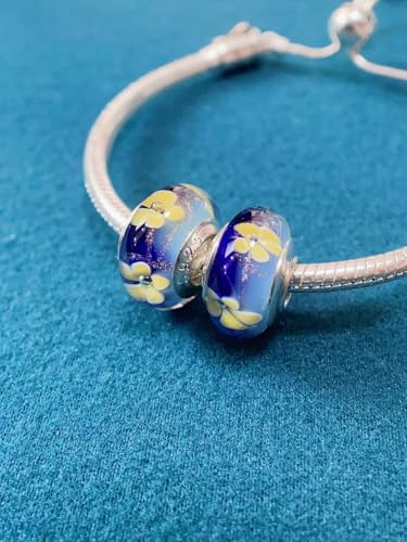 2pcs Authentic 925 Silver Murano Glass Flower Charms for Pandora Bracelets - color: 05-Blue & Yellow flowers